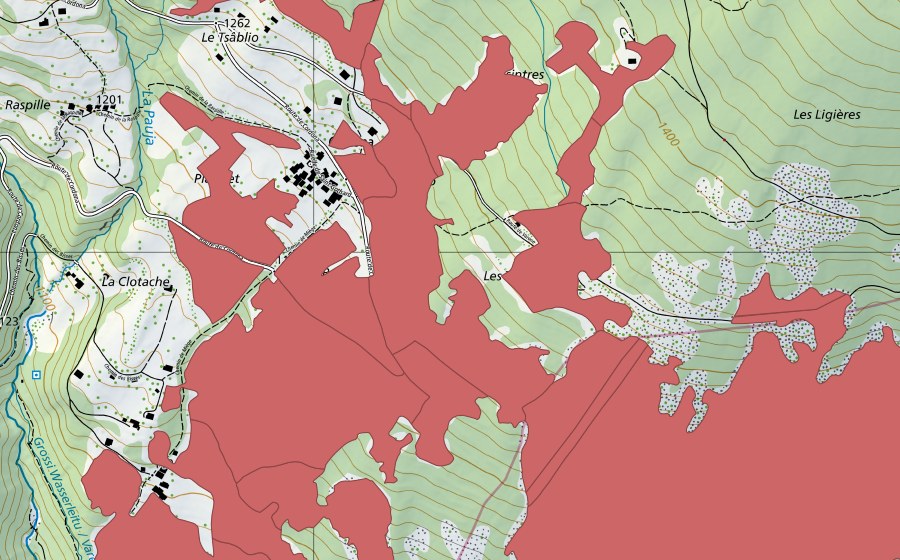 Carte nationale swisstopo avec le périmètre protégé de Blatte (Prairie sèche)