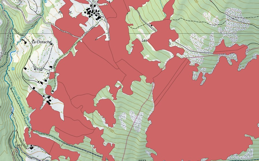 Carte nationale swisstopo avec le périmètre protégé de Blatte (Prairie sèche)