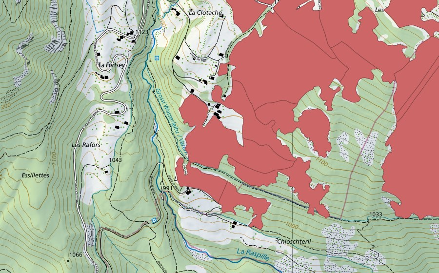 Carte nationale swisstopo avec le périmètre protégé de Blatte (Prairie sèche)