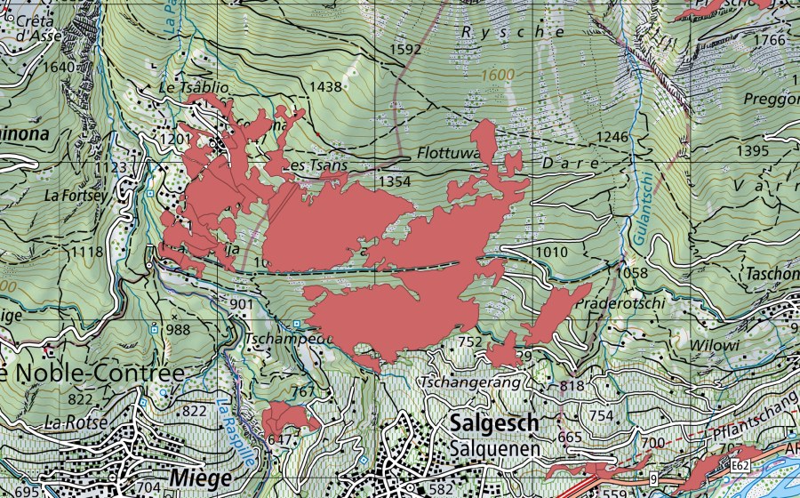 swisstopo national map showing the protected perimeter of Blatte (Dry meadow)