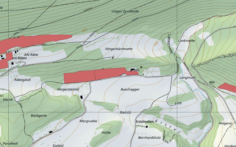 Landeskarte swisstopo mit dem Schutzperimeter von Blaue Räbe (Trockenwiese)