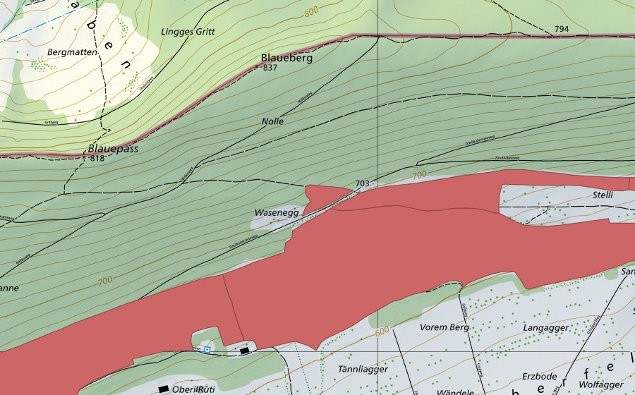 Carte nationale swisstopo avec le périmètre protégé de Blauenweide (Prairie sèche)
