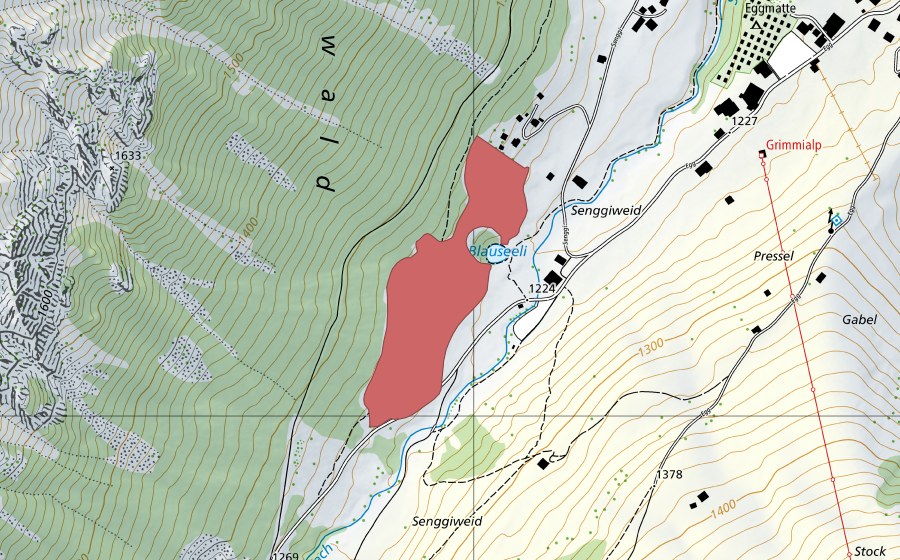 Landeskarte swisstopo mit dem Schutzperimeter von Blauseeli (Trockenwiese)