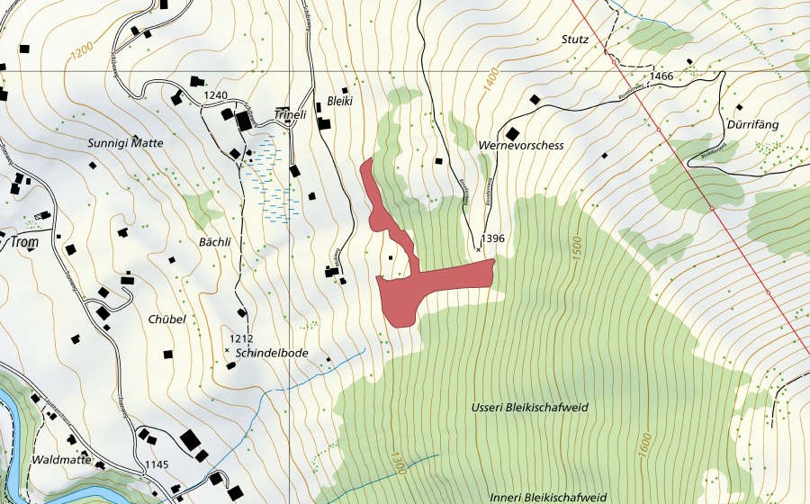 Landeskarte swisstopo mit dem Schutzperimeter von Bleiki (Trockenwiese)