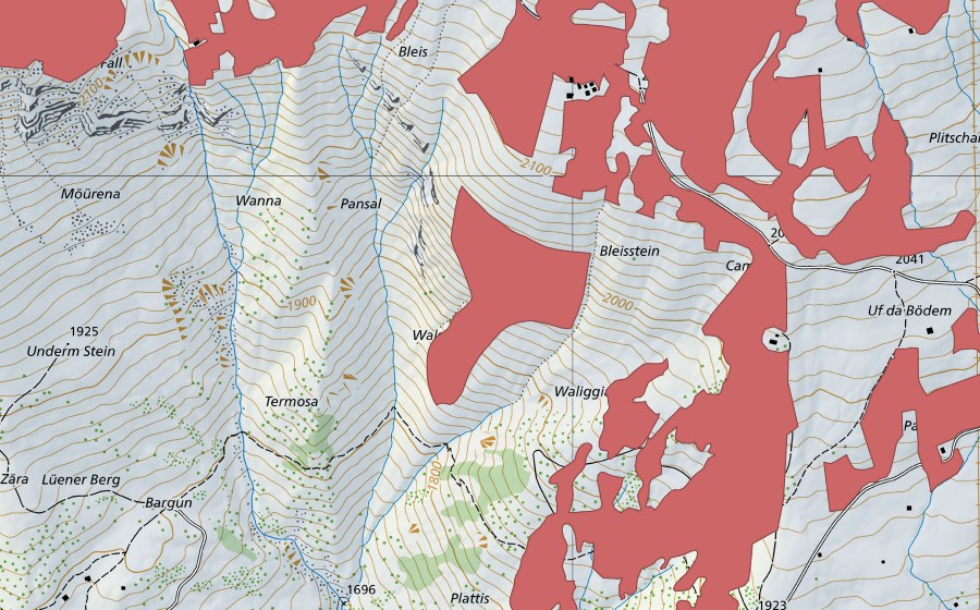 Carte nationale swisstopo avec le périmètre protégé de Bleisstein (Prairie sèche)