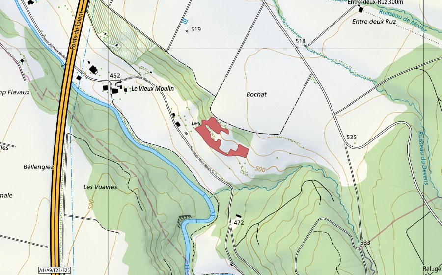 swisstopo national map showing the protected perimeter of Bochat (Dry meadow)