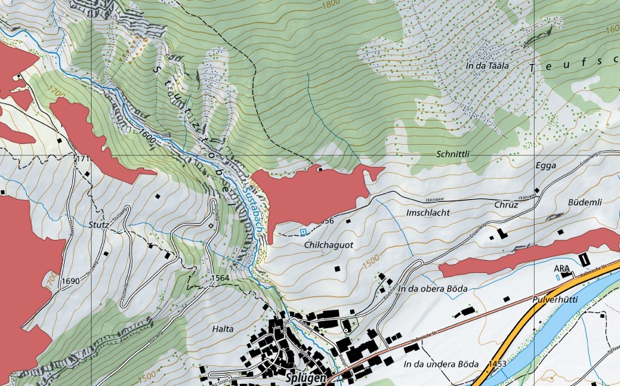 Carte nationale swisstopo avec le périmètre protégé de Böda (Prairie sèche)