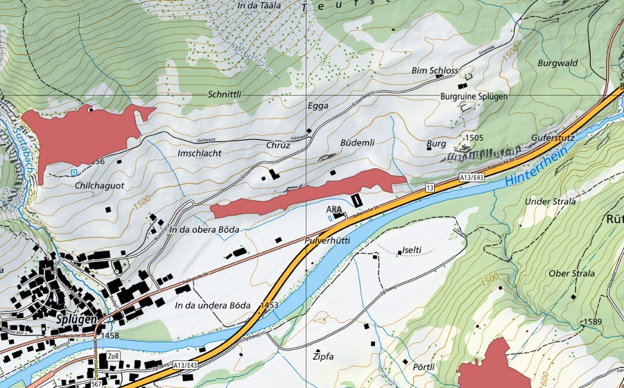 Carte nationale swisstopo avec le périmètre protégé de Böda (Prairie sèche)