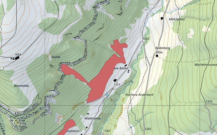 Landeskarte swisstopo mit dem Schutzperimeter von Bödeli (Trockenwiese)
