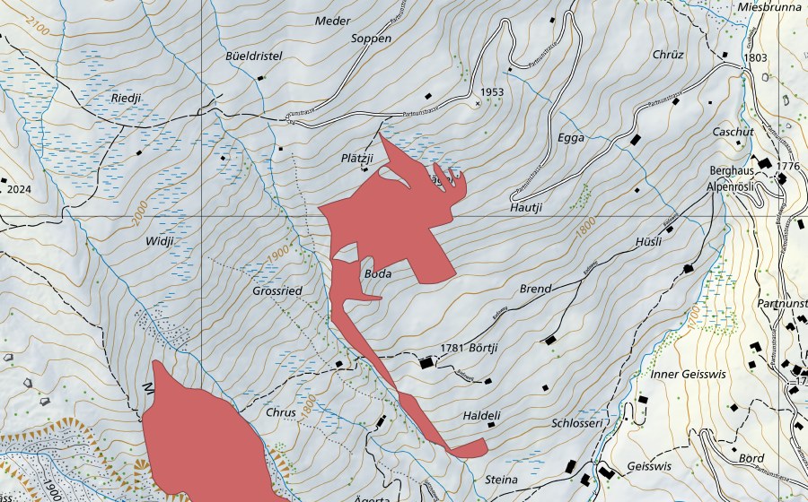 swisstopo national map showing the protected perimeter of Boden (Dry meadow)