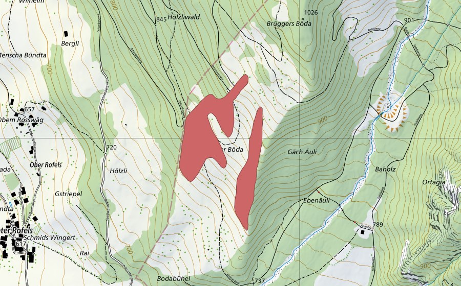 Carte nationale swisstopo avec le périmètre protégé de Böden (Prairie sèche)