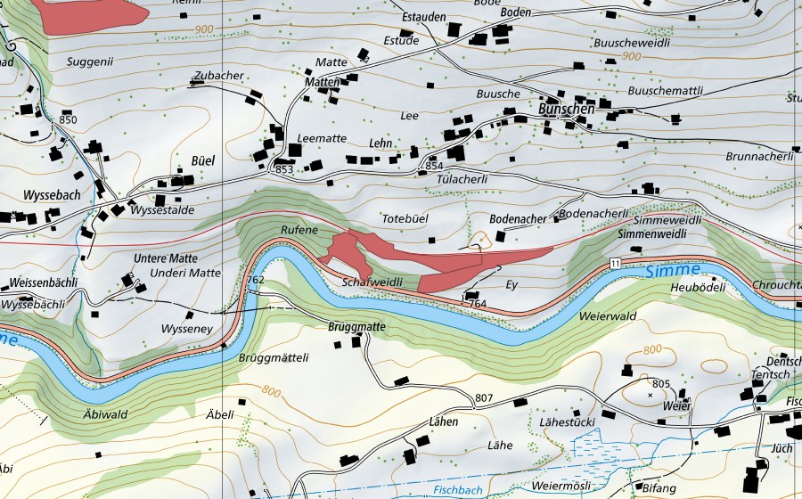 Carte nationale swisstopo avec le périmètre protégé de Bodenacher (Prairie sèche)