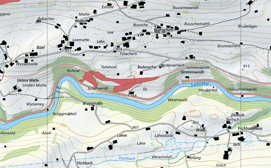 Carte nationale swisstopo avec le périmètre protégé de Bodenacher (Prairie sèche)