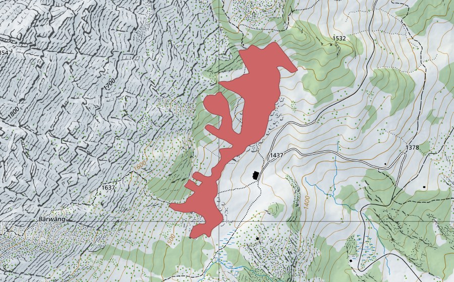 swisstopo national map showing the protected perimeter of Bodenhütten (Dry meadow)