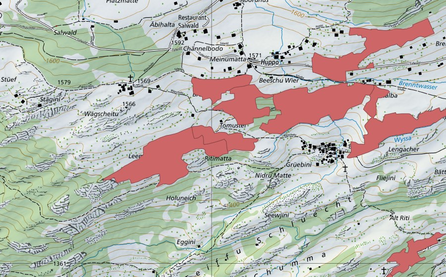 Carte nationale swisstopo avec le périmètre protégé de Bodma (Prairie sèche)