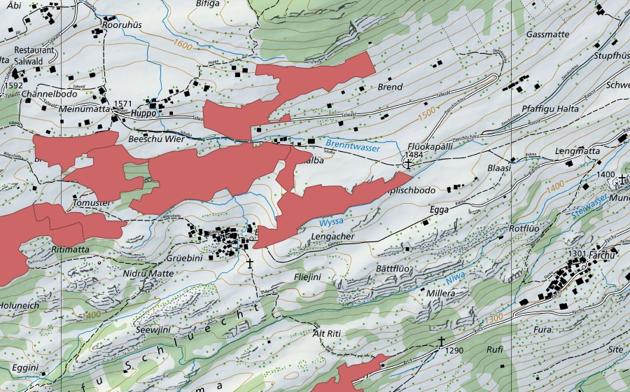 Carte nationale swisstopo avec le périmètre protégé de Bodma (Prairie sèche)