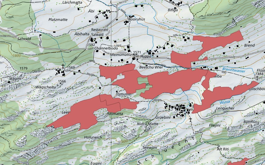 Carte nationale swisstopo avec le périmètre protégé de Bodma (Prairie sèche)