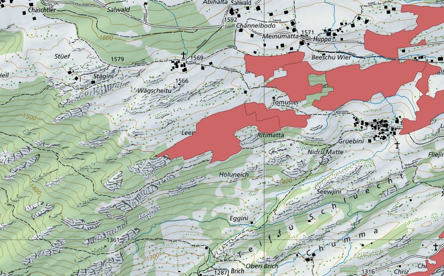 Carte nationale swisstopo avec le périmètre protégé de Bodma (Prairie sèche)