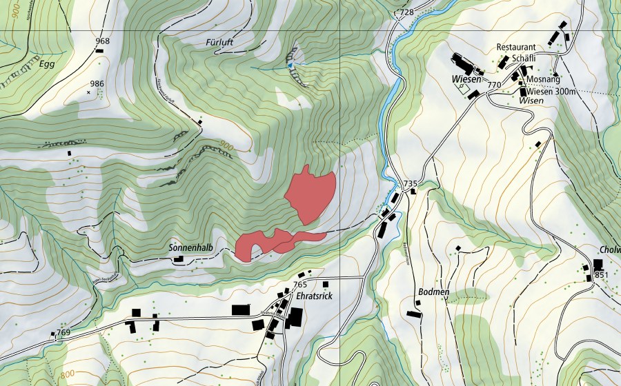 Carte nationale swisstopo avec le périmètre protégé de Bodmen (Prairie sèche)