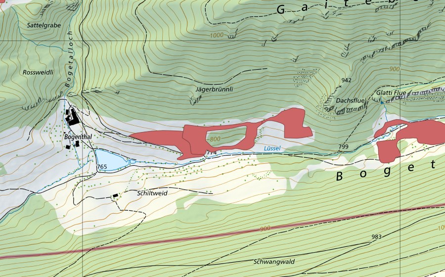 Carte nationale swisstopo avec le périmètre protégé de Bogental (Prairie sèche)