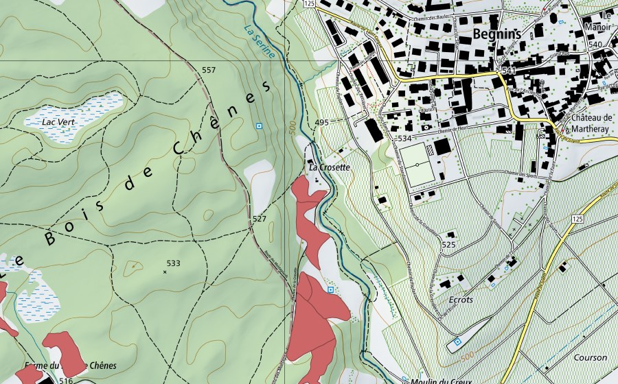 Carte nationale swisstopo avec le périmètre protégé de Bois de Chênes (Prairie sèche)