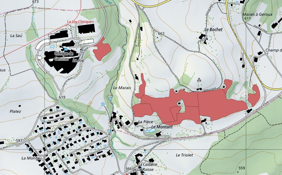 swisstopo national map showing the protected perimeter of Bois de Chênes (Dry meadow)