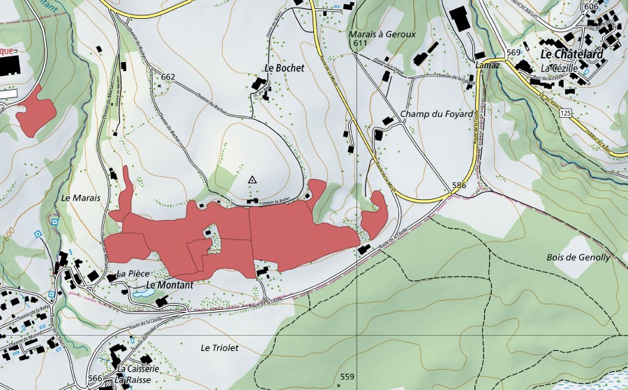 Carte nationale swisstopo avec le périmètre protégé de Bois de Chênes (Prairie sèche)