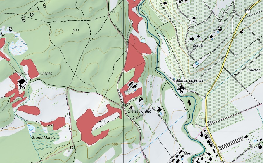 swisstopo national map showing the protected perimeter of Bois de Chênes (Dry meadow)