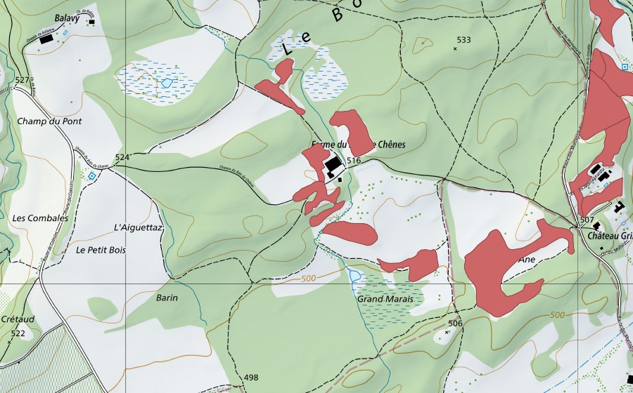 Carte nationale swisstopo avec le périmètre protégé de Bois de Chênes (Prairie sèche)