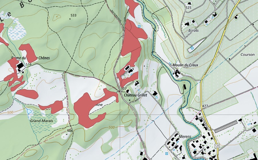 swisstopo national map showing the protected perimeter of Bois de Chênes (Dry meadow)