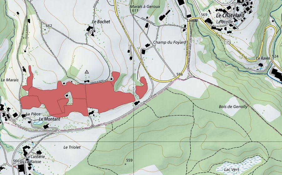 swisstopo national map showing the protected perimeter of Bois de Chênes (Dry meadow)