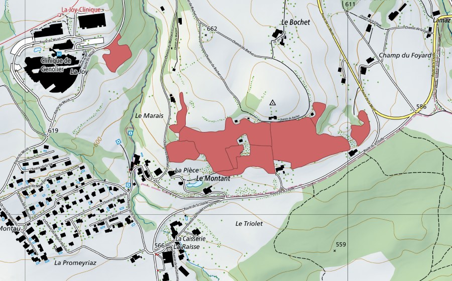 Carte nationale swisstopo avec le périmètre protégé de Bois de Chênes (Prairie sèche)