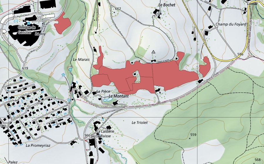swisstopo national map showing the protected perimeter of Bois de Chênes (Dry meadow)