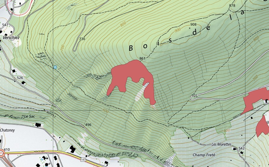 swisstopo national map showing the protected perimeter of Bois de la Glaive (Dry meadow)