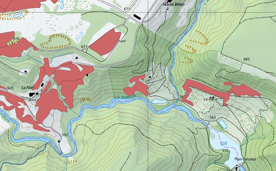 Carte nationale swisstopo avec le périmètre protégé de Bois Guyot (Prairie sèche)