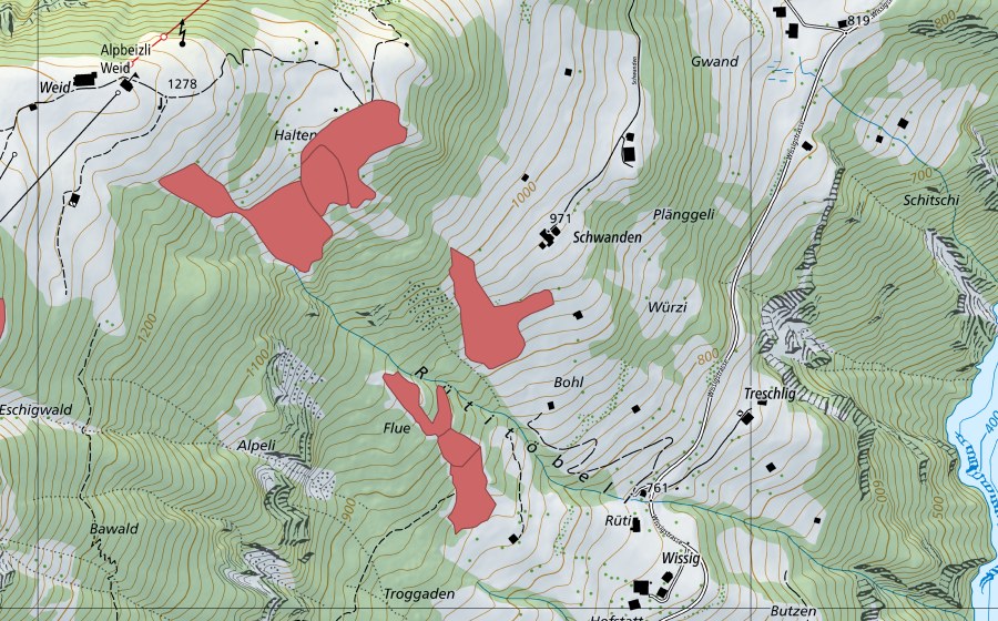 Carte nationale swisstopo avec le périmètre protégé de Bol (Prairie sèche)