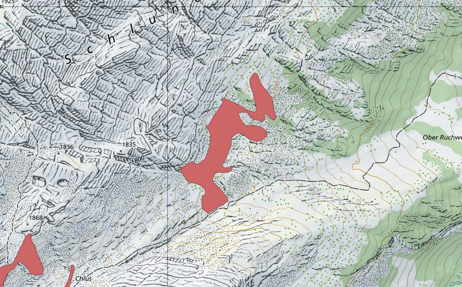 Carte nationale swisstopo avec le périmètre protégé de Böli (Prairie sèche)