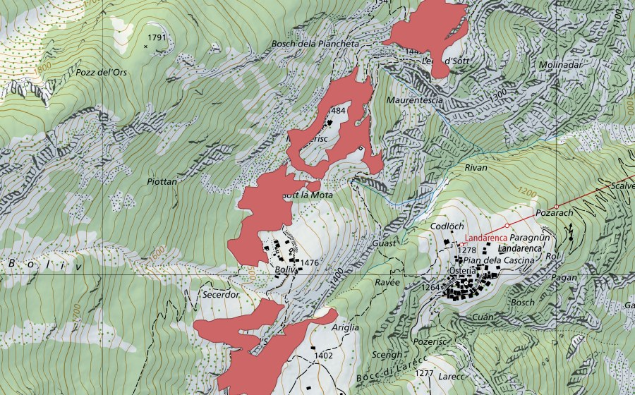 Carte nationale swisstopo avec le périmètre protégé de Boliv (Prairie sèche)