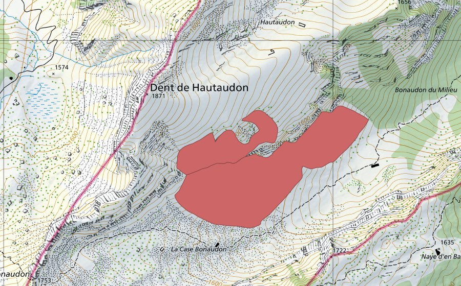 swisstopo national map showing the protected perimeter of Bonaudon du Milieu (Dry meadow)