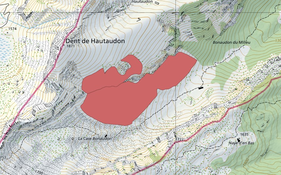 Carte nationale swisstopo avec le périmètre protégé de Bonaudon du Milieu (Prairie sèche)