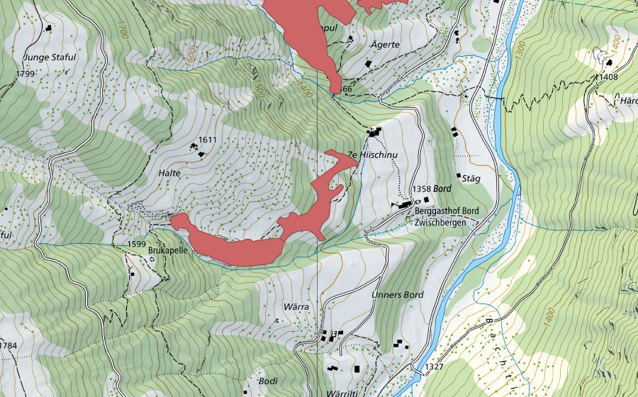 Carte nationale swisstopo avec le périmètre protégé de Bord (Prairie sèche)