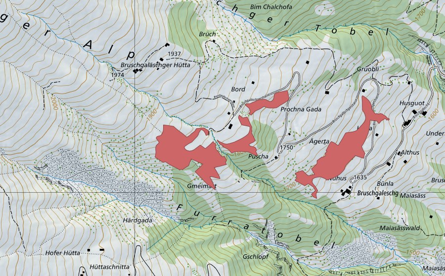 Carte nationale swisstopo avec le périmètre protégé de Bord (Prairie sèche)