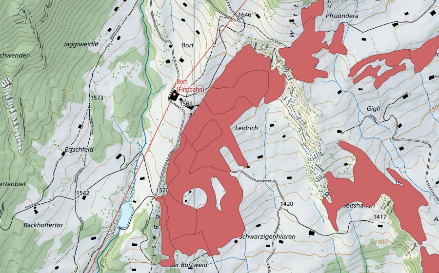 Carte nationale swisstopo avec le périmètre protégé de Bort (Prairie sèche)