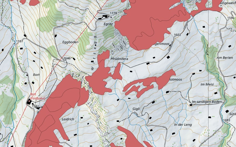 Landeskarte swisstopo mit dem Schutzperimeter von Bort (Trockenwiese)