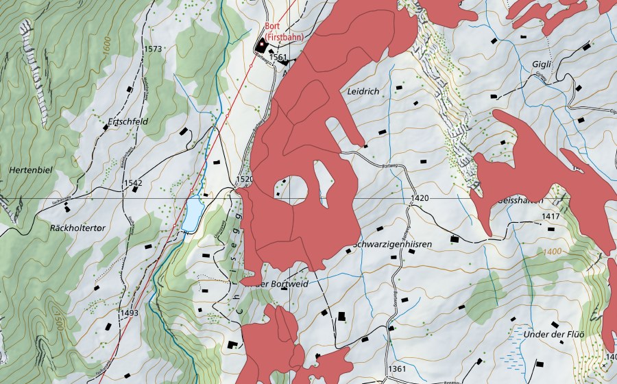 Carte nationale swisstopo avec le périmètre protégé de Bort (Prairie sèche)