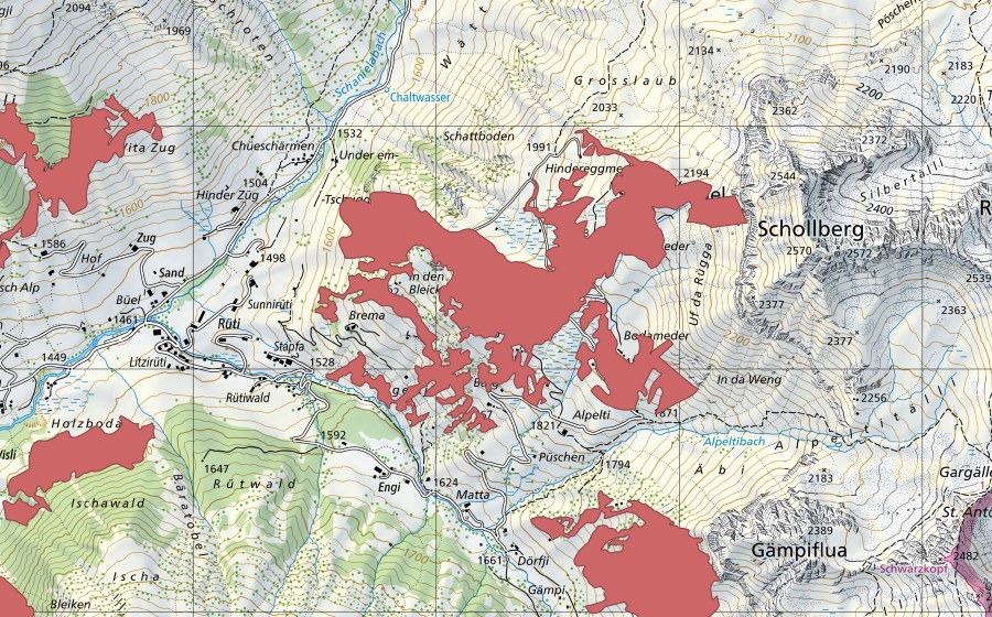 swisstopo national map showing the protected perimeter of Börtermad (Dry meadow)