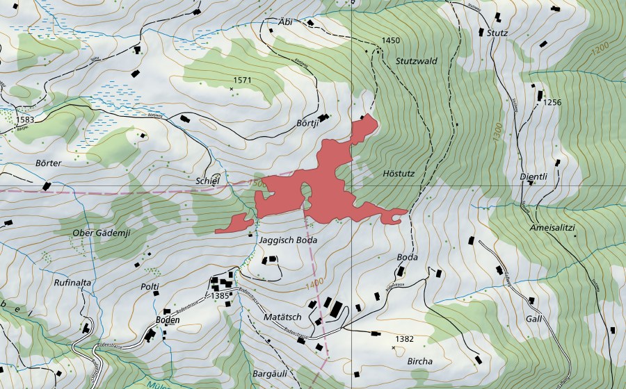 swisstopo national map showing the protected perimeter of Börtji (Dry meadow)