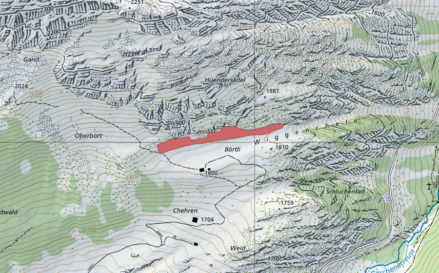 Landeskarte swisstopo mit dem Schutzperimeter von Börtli (Trockenwiese)