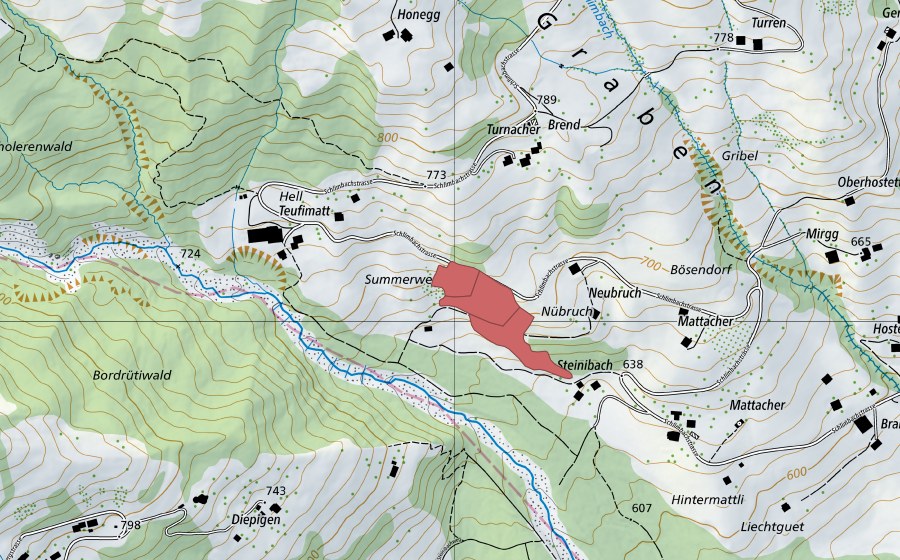 Carte nationale swisstopo avec le périmètre protégé de Bösendorf (Prairie sèche)