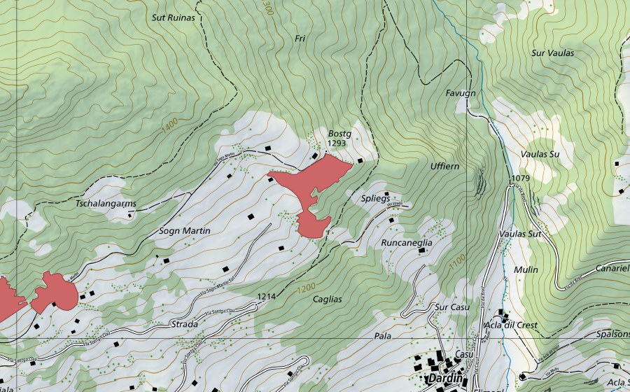 Landeskarte swisstopo mit dem Schutzperimeter von Bostg (Trockenwiese)